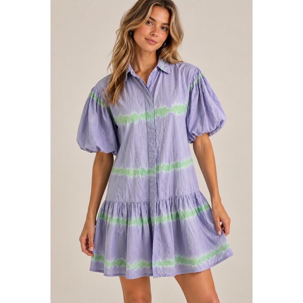 WKND WYFR Women Frock It-Short Dress Tie Dye Puff Sleeve Blue Green XS